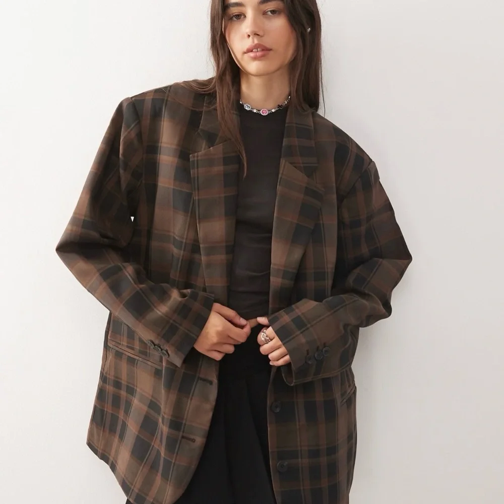 Monki oversized blazer in brown check plaid women's jacket M - Picture 1 of 5